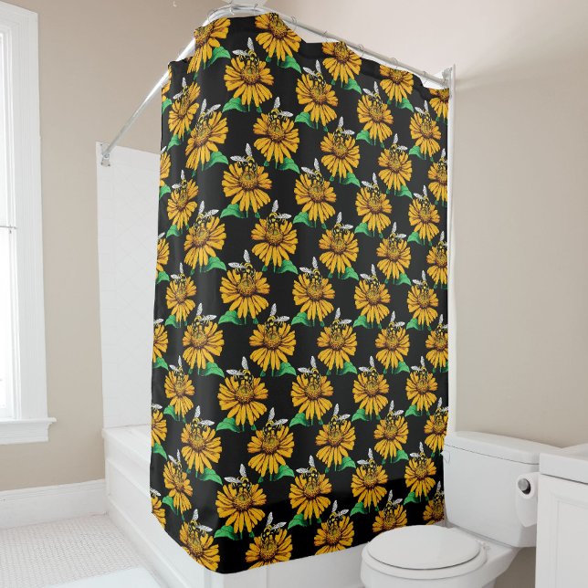 Bee on Sunflower Flower Pattern Design Black  Shower Curtain (Creator Uploaded)