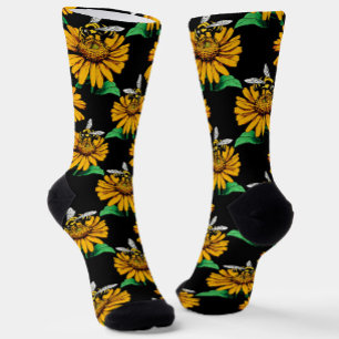 Bee on Sunflower Flower Pattern Design Black  Socks