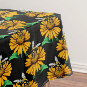Bee on Sunflower Flower Pattern Design Black Tablecloth