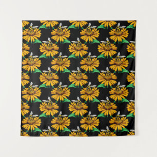 Bee on Sunflower Flower Pattern Design Black Tapestry