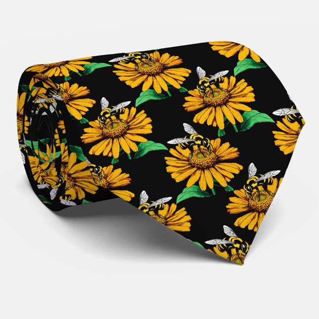 Bee on Sunflower Flower Pattern Design Black  Tie (Creator Uploaded)