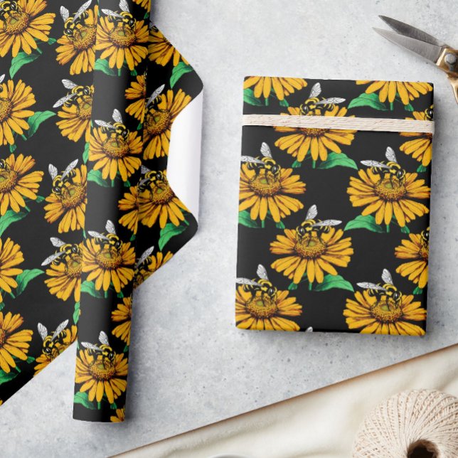 Bee on Sunflower Flower Pattern Design Black  Wrapping Paper (Creator Uploaded)