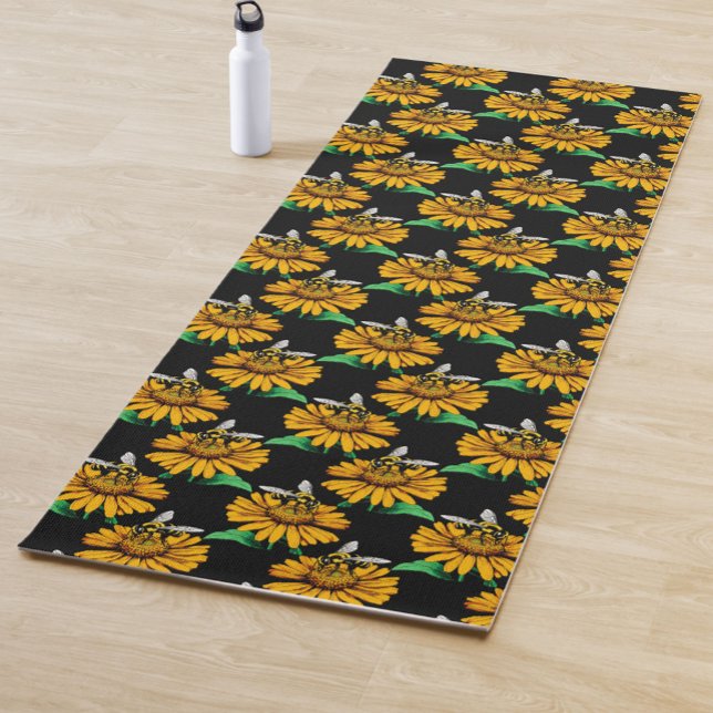 Bee on Sunflower Flower Pattern Design Black  Yoga Mat (Creator Uploaded)