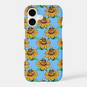 Bee on Sunflower Flower Pattern Design Blue