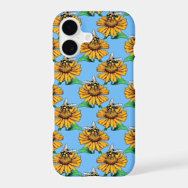 Bee on Sunflower Flower Pattern Design Blue (Back)