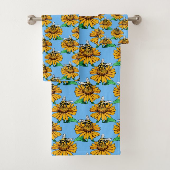 Bee on Sunflower Flower Pattern Design Blue  Bath Towel Set (Insitu)