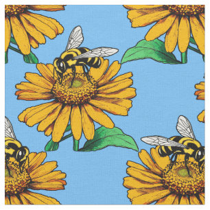 Bee on Sunflower Flower Pattern Design Blue Fabric