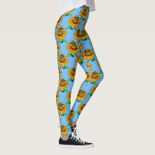 Bee on Sunflower Flower Pattern Design Blue  Leggings