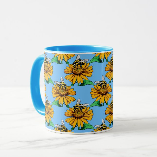 Bee on Sunflower Flower Pattern Design Blue  Mug (Front Left)