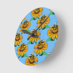 Bee on Sunflower Flower Pattern Design Blue  Round Clock