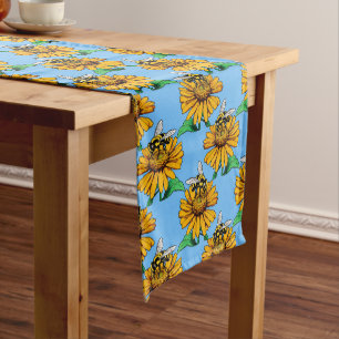 Bee on Sunflower Flower Pattern Design Blue Short Table Runner