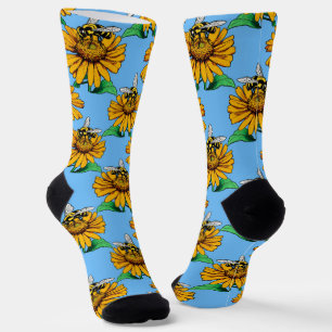 Bee on Sunflower Flower Pattern Design Blue Socks