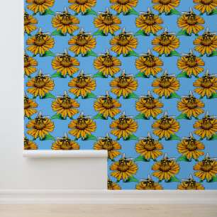 Bee on Sunflower Flower Pattern Design Blue Wallpaper