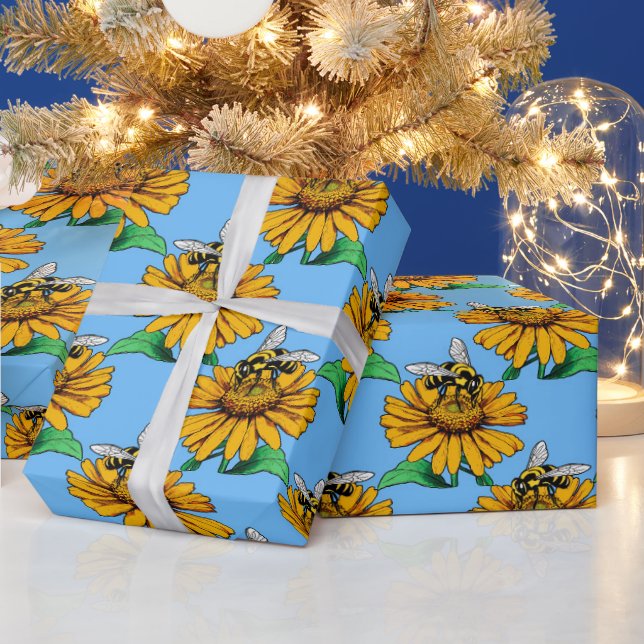 Bee on Sunflower Flower Pattern Design Blue  Wrapping Paper (Holidays)