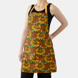 Bee on Sunflower Flower Pattern Design Brown Apron