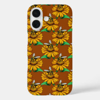 Bee on Sunflower Flower Pattern Design Brown 