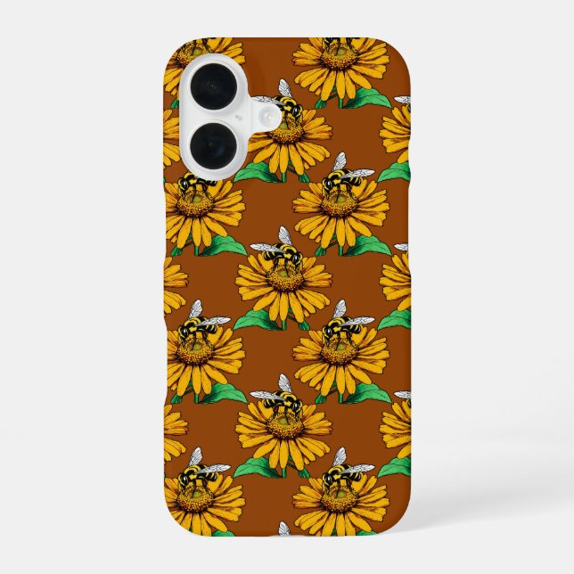 Bee on Sunflower Flower Pattern Design Brown  iPhone 16 Case (Back)