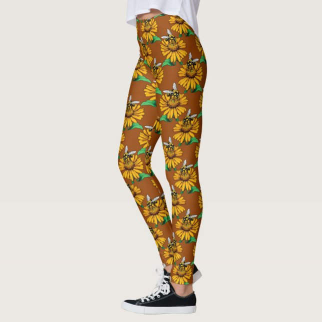 Bee on Sunflower Flower Pattern Design Brown  Leggings (Creator Uploaded)