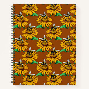 Bee on Sunflower Flower Pattern Design Brown Notebook