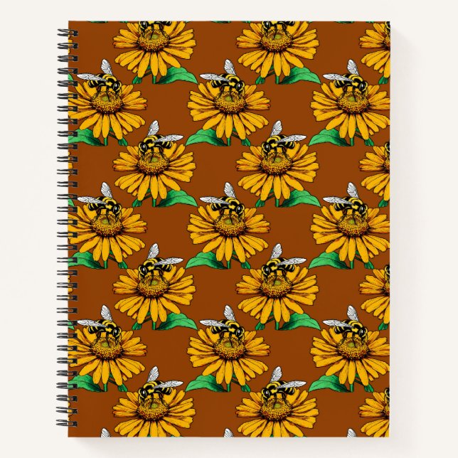 Bee on Sunflower Flower Pattern Design Brown  Notebook (Front)