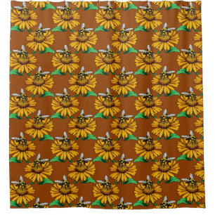 Bee on Sunflower Flower Pattern Design Brown Shower Curtain