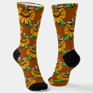 Bee on Sunflower Flower Pattern Design Brown  Socks
