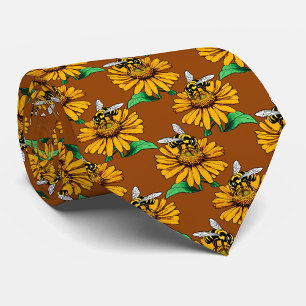Bee on Sunflower Flower Pattern Design Brown Tie