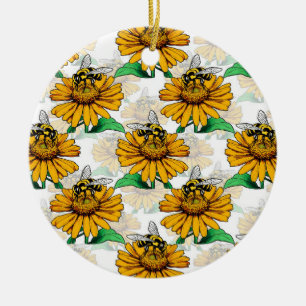 Bee on Sunflower Flower Pattern Design Ceramic Ornament