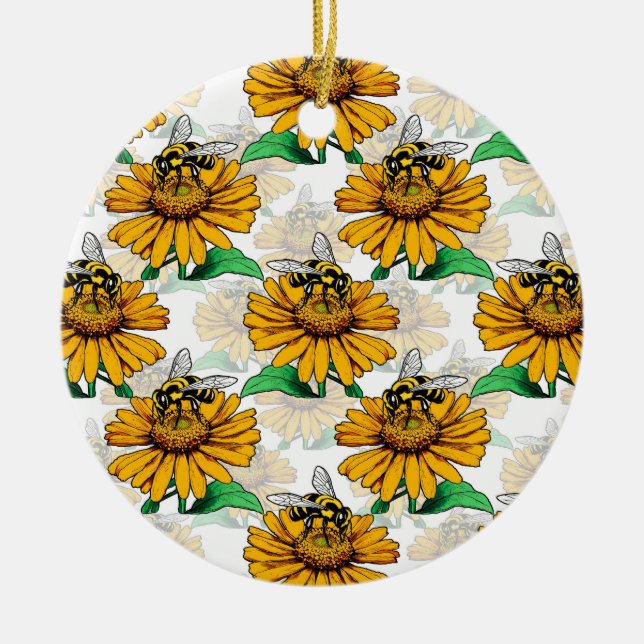 Bee on Sunflower Flower Pattern Design  Ceramic Ornament (Front)