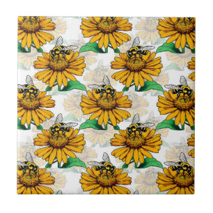 Bee on Sunflower Flower Pattern Design  Ceramic Tile