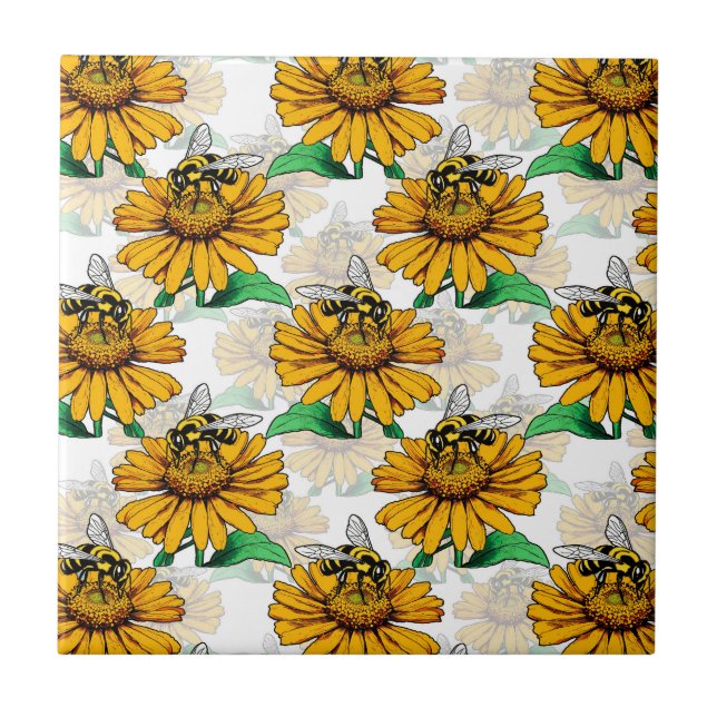 Bee on Sunflower Flower Pattern Design  Ceramic Tile (Front)