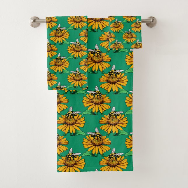 Bee on Sunflower Flower Pattern Design Green  Bath Towel Set (Insitu)
