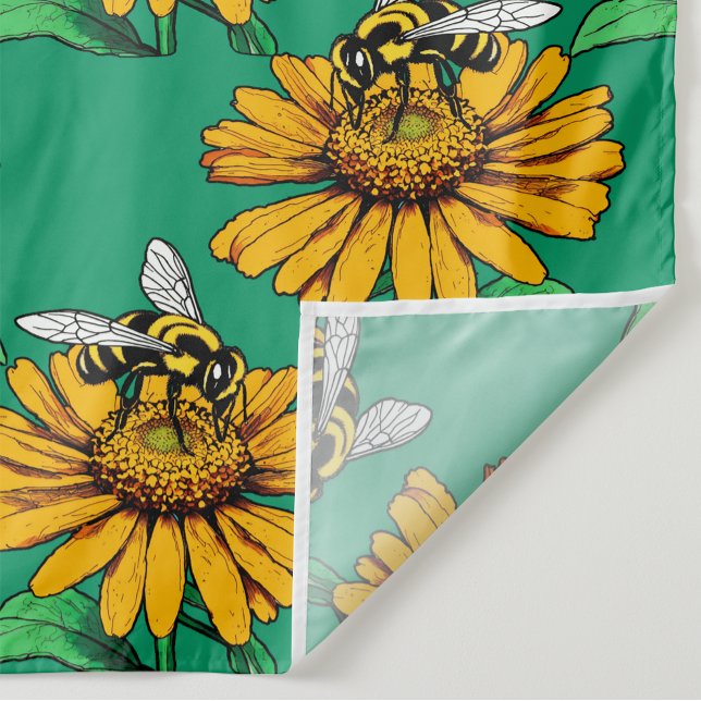Bee on Sunflower Flower Pattern Design Green  Fabric (Creator Uploaded)