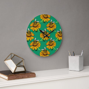 Bee on Sunflower Flower Pattern Design Green Large Clock