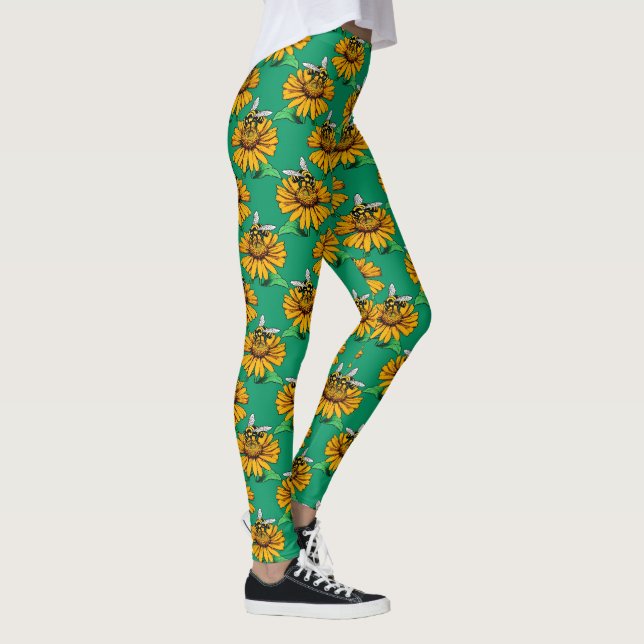 Bee on Sunflower Flower Pattern Design Green  Leggings (Right)