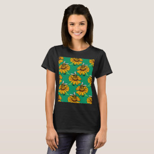 Bee on Sunflower Flower Pattern Design Green T-Shirt