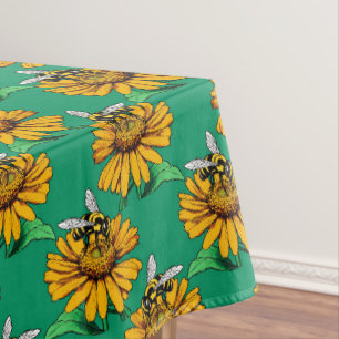Bee on Sunflower Flower Pattern Design Green  Tablecloth