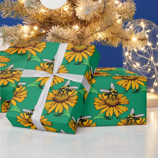 Bee on Sunflower Flower Pattern Design Green  Wrapping Paper (Holidays)