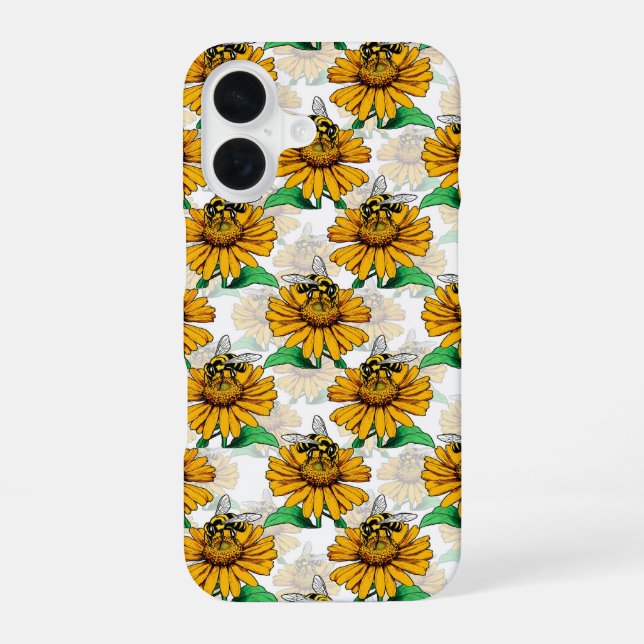 Bee on Sunflower Flower Pattern Design  iPhone 16 Case (Back)