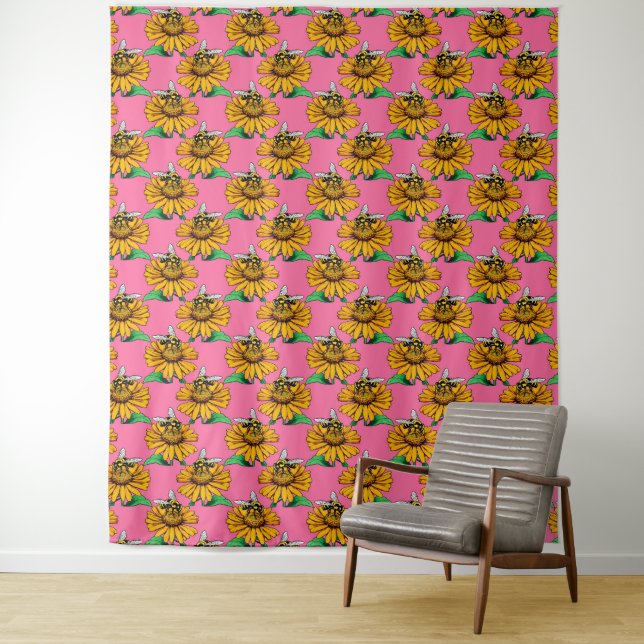 Bee on Sunflower Flower Pattern Design Pink Tapestry (In Situ)