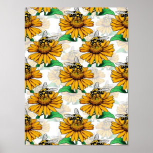 Bee on Sunflower Flower Pattern Design Poster