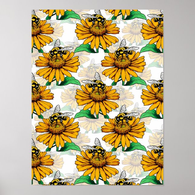 Bee on Sunflower Flower Pattern Design  Poster (Front)