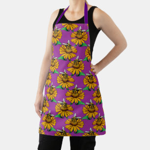 Bee on Sunflower Flower Pattern Design Purple  Apron