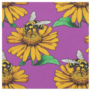 Bee on Sunflower Flower Pattern Design Purple Fabric