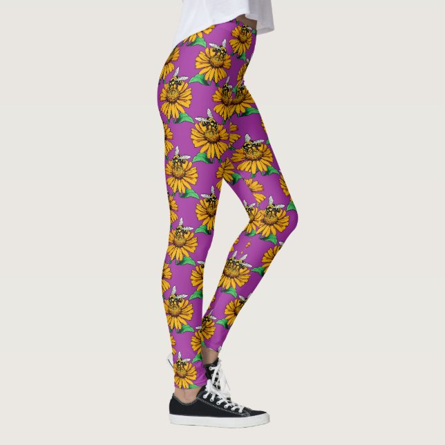 Bee on Sunflower Flower Pattern Design Purple  Leggings (Right)