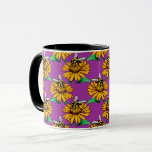 Bee on Sunflower Flower Pattern Design Purple Mug