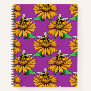 Bee on Sunflower Flower Pattern Design Purple Notebook