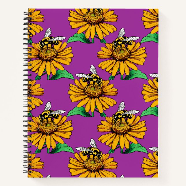 Bee on Sunflower Flower Pattern Design Purple  Notebook (Front)