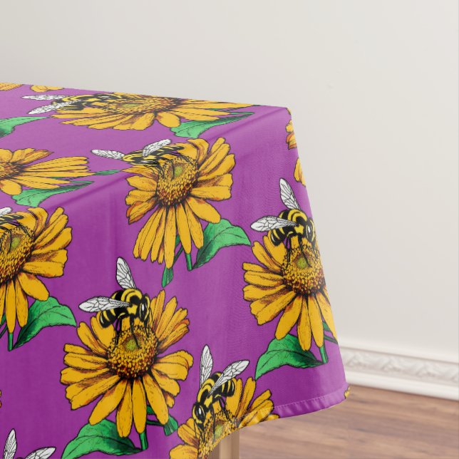 Bee on Sunflower Flower Pattern Design Purple  Tablecloth (In Situ)