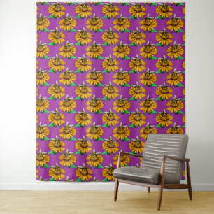 Bee on Sunflower Flower Pattern Design Purple Tapestry